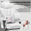 A white gaming chair with a close-up of its lumbar support system and a hand demonstrating the spring mechanism. Náhľad obrázku produktu