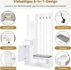 A white multi-functional entryway organizer with various compartments and hooks, presented with callouts highlighting its features. Náhľad obrázku produktu