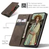 A brown leather flip case for a smartphone, showing card slots and a cash slot, with a phone displaying a woman's image. Produktbild-Vorschau