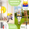 Collage showing a baby on a swing indoors and an adult reading on a swing outdoors, with close-ups of product features and accessories. Produktbild-Vorschau