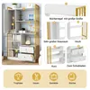 A product image showcasing a white and gold bookshelf with various decorative items and labels highlighting its features and dimensions. Podgląd zdjęcia produktu