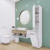 A modern bathroom with a toilet, sink, vanity, and a tall cabinet. Produktbild-Vorschau