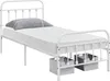 A white metal bed frame with a mattress and a grey pillow, shown from a side angle with two grey storage bins underneath. Produktbild-Vorschau