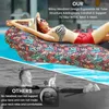 A split image showing a woman relaxing on an inflatable lounger in a pool on the top half, and a comparison with a different product on the bottom half. Produktbild-Vorschau