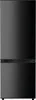 A black refrigerator with a top freezer compartment and a bottom refrigerator compartment. Produktbild-Vorschau