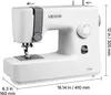 A white VEVOR sewing machine is shown from a side-angle with dimensions indicated. Voir les images du produit