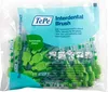 A clear plastic bag containing many green interdental brushes, with branding and product information printed on the bag. Produktbild-Vorschau