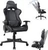 Collage of a black gaming chair showing different angles and adjustments.