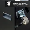 A split image showing a handle on the left and a caster wheel on the right, with marketing text overlay. Produktbild-Vorschau
