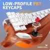 A close-up marketing image of a white mechanical keyboard with some keycaps removed, showing the switches and highlighting features. Produktbild-Vorschau
