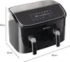 A black dual-chamber air fryer with a digital touch display is shown from a front-side angle against a white background. Dimensions are indicated with lines and text. Anteprima dell’immagine prodotto