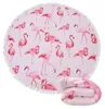 Rundes Strandtuch mit rosa Flamingo-Muster und weißem Fransensaum, ein Tuch ungefaltet und eines gefaltet Anteprima dell’immagine prodotto