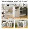 Collage of a white bar table with storage and a beige stool, shown in different room settings. Produktbild-Vorschau