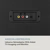 Close-up of the rear panel of a karaoke machine showing various input/output ports, with descriptive text below. Produktbild-Vorschau