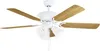 A white ceiling fan with five wooden blades and three glass light fixtures. Produktbild-Vorschau