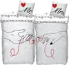 Two duvet covers and pillowcases with a romantic theme, featuring line drawings of hands and the word 'love'. Produktbild-Vorschau