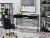 A modern home office setup with a black desk, chair, and shelving unit. Voir les images du produit