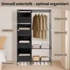 A black fabric wardrobe with shelves and a hanging rail, filled with clothes and folded items. Shoes are placed on the bottom shelf. There is also a woven basket. Produktbild-Vorschau