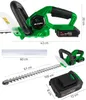A collage of images showing a cordless hedge trimmer, its components, and dimensions. Podgląd zdjęcia produktu