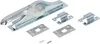 A set of galvanized metal garage door lock components, including a main latch mechanism and several mounting plates and pins, laid out on a white background. Produktbild-Vorschau