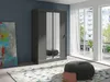 A modern bedroom with a large sliding door wardrobe with mirrored doors, a colorful abstract painting on the wall, and a round ottoman on a patterned rug. Produktbild-Vorschau