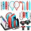 A collage of accessories for the Nintendo Switch, including game controllers, tennis rackets, golf clubs, and a charging stand. Produktbild-Vorschau