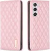 A pink quilted flip-style phone case for a Samsung Galaxy S23, shown from the front and back. Produktbild-Vorschau