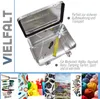 An open aluminum box with tools inside, surrounded by various product images and text. Produktbild-Vorschau