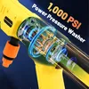 A close-up, diagrammatic view of a yellow pressure washer, highlighting its internal components with glowing blue and green energy effects. Produktbild-Vorschau