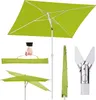 A collection of images showing a green rectangular umbrella in various states and components. Produktbild-Vorschau