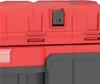A close-up view of the top section of a red and gray tool box. Produktbild-Vorschau