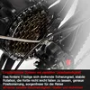Close-up of a bicycle's rear derailleur and cassette gears, with German text overlay describing its features. Produktbild-Vorschau