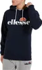 A person wearing a navy blue Ellesse hoodie and gray sweatpants.