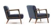 Two views of a blue armchair with wooden frame, displayed against a white background. Produktbild-Vorschau