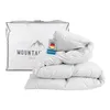 A white duvet is folded and placed next to its packaging bag, with a tag attached to the duvet. Produktbild-Vorschau