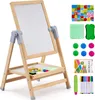 A wooden easel with a whiteboard and various art supplies. Voir les images du produit