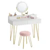 A white vanity table with gold legs, a round illuminated mirror, and a pink stool, all set against a white background. Produktbild-Vorschau