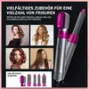Silber- und magentafarbenes 5-in-1-Haarstylinggerät mit verschiedenen Aufsätzen, neben Bildern von Frauen mit verschiedenen Frisuren Podgląd zdjęcia produktu
