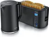 A black electric kettle and a black 4-slice long slot toaster with bread inside are displayed together on a white background. Produktbild-Vorschau