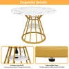 A round dining table with a marble-like top and a gold metal base with two shelves. The image is split into three sections, with the main image showing the table and two smaller inset images highlighting specific features. Anteprima dell’immagine prodotto