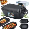 A collage of a black cast iron roasting pan with its lid, along with images of food cooked in it and its packaging. Produktbild-Vorschau