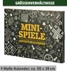 A close-up view of a black advent calendar box with various game illustrations and numbers printed on it in yellow and white. Produktbild-Vorschau