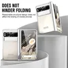 A folded phone case is displayed on a pedestal with text highlighting its features. Produktbild-Vorschau