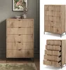 A collage of a wooden dresser with fluted drawers, shown in a room setting and as a standalone product with drawers open. Podgląd zdjęcia produktu