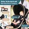 A baby sleeping in a stroller, with various safety features highlighted with text overlays. Produktbild-Vorschau