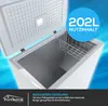 An open chest freezer with a wire basket inside, set against a blue background with promotional text and a logo. Produktbild-Vorschau
