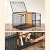 A dog crate with its top open and a dog eating from a bowl inside. Dimensions are shown in the second image. Náhľad obrázku produktu