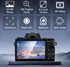 A digital camera is shown from the back, displaying a winter scene on its screen. Above the camera, icons and text describe its features. Produktbild-Vorschau