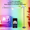 A smart floor lamp is shown in a living room setting with a couch and a plant, with colorful ambient lighting projected on the wall. A smartphone displaying the lamp's control app is also visible. Produktbild-Vorschau