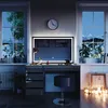 A vanity table with an LED mirror and stool, set in a room with windows showing a snowy mountain landscape at night. Produktbild-Vorschau